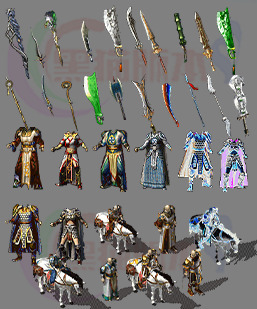 传奇复古高清素材 25/10/14/A10四套骑马衣服22件沉默老武器素材